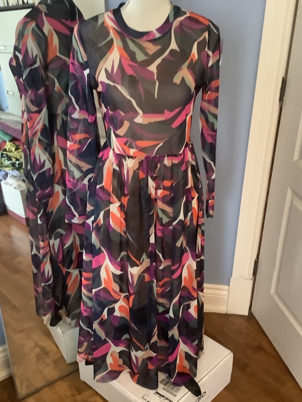 Sheer Long-Sleeve Midi Dress in Multicolor Abstract Leaf Print